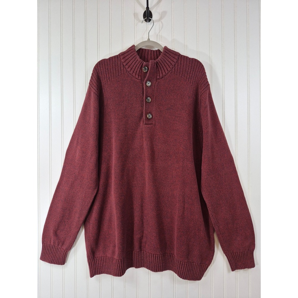 Oak Hill Mens 2XLT Burgundy Marl 1/4 Button Mock Neck Sweater Elbow Patches